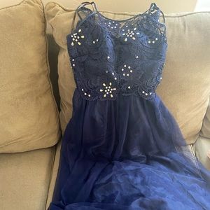 Navy chiffon ball gown prom dress